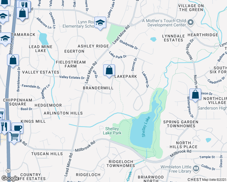 map of restaurants, bars, coffee shops, grocery stores, and more near 6304 Rushingbrook Drive in Raleigh