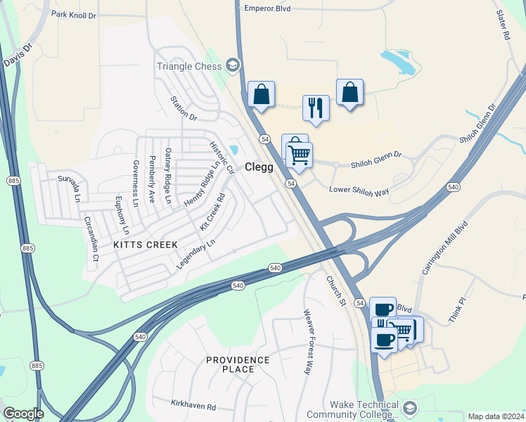 map of restaurants, bars, coffee shops, grocery stores, and more near 1052 Historic Circle in Morrisville