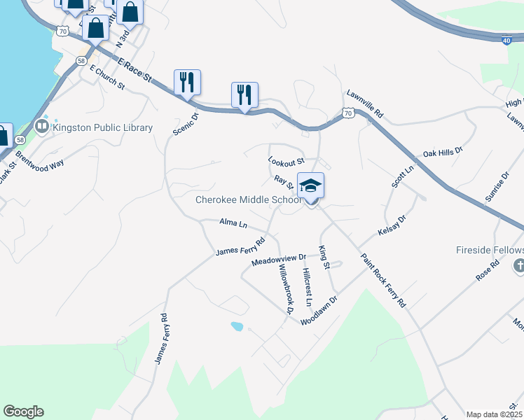 map of restaurants, bars, coffee shops, grocery stores, and more near 1000 James Ferry Road in Kingston
