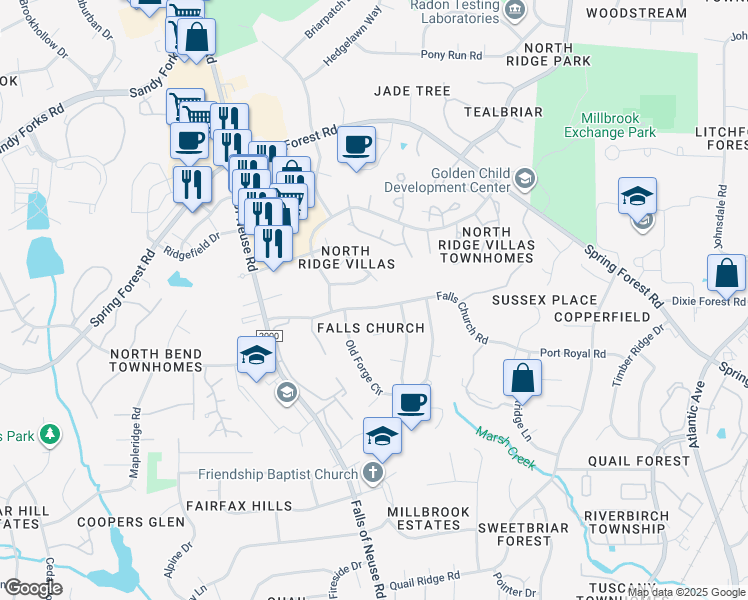 map of restaurants, bars, coffee shops, grocery stores, and more near 1417 Falls Church Road in Raleigh