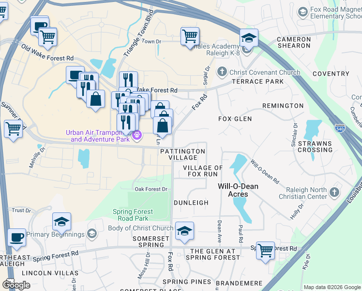 map of restaurants, bars, coffee shops, grocery stores, and more near 4621 Malone Court in Raleigh