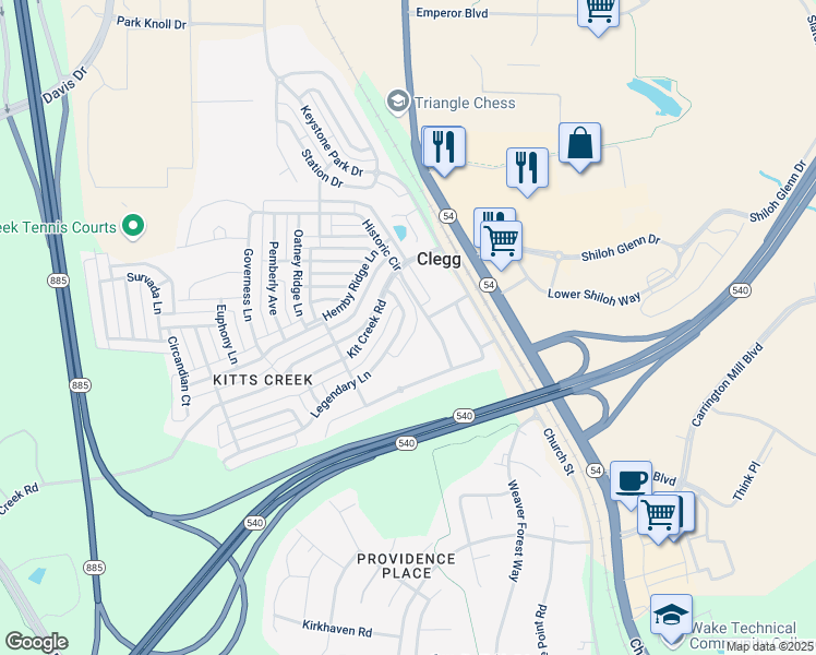 map of restaurants, bars, coffee shops, grocery stores, and more near 1329 Legendary Lane in Morrisville