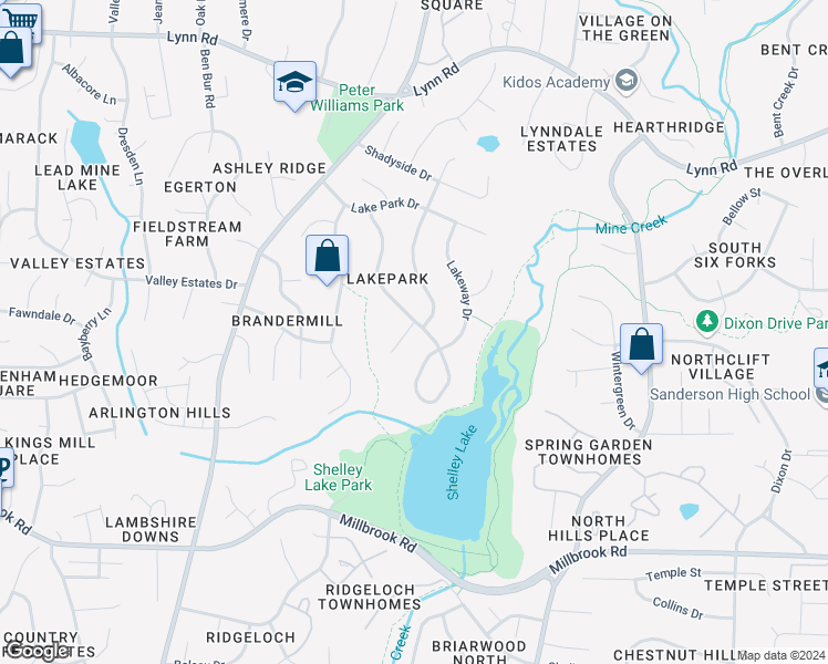 map of restaurants, bars, coffee shops, grocery stores, and more near 6313 Lakeland Drive in Raleigh