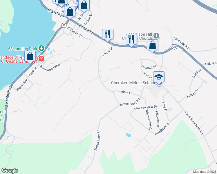 map of restaurants, bars, coffee shops, grocery stores, and more near 610 Scenic Drive in Kingston