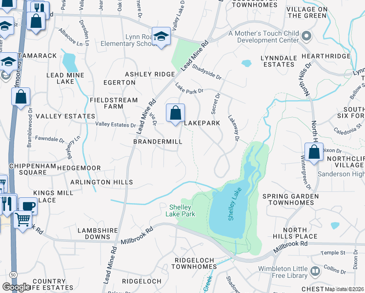 map of restaurants, bars, coffee shops, grocery stores, and more near 6304 Rushingbrook Drive in Raleigh