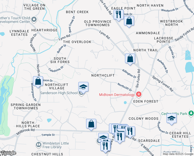 map of restaurants, bars, coffee shops, grocery stores, and more near 513 Northclift Drive in Raleigh
