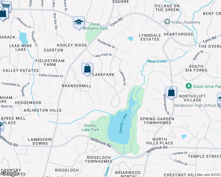 map of restaurants, bars, coffee shops, grocery stores, and more near 6313 Lakeland Drive in Raleigh