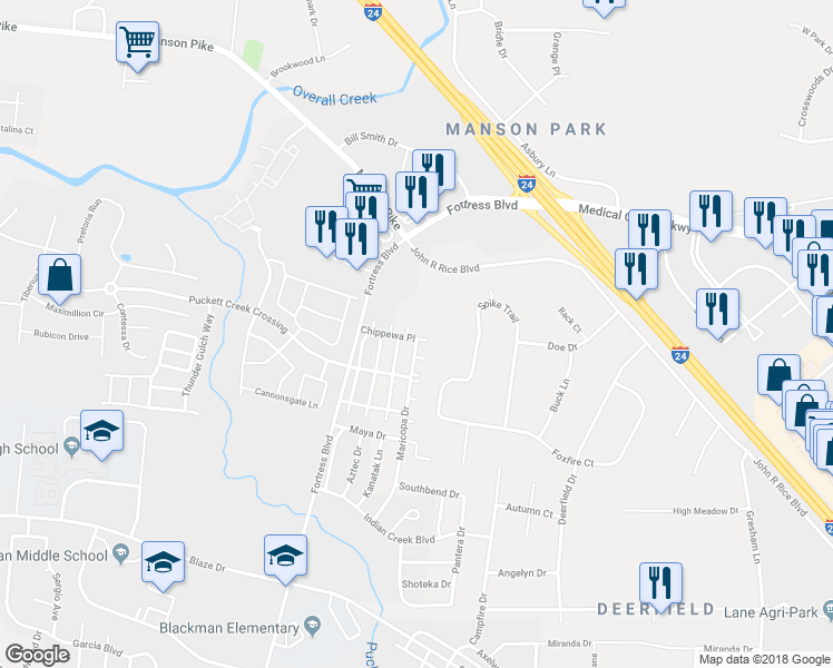 map of restaurants, bars, coffee shops, grocery stores, and more near 3710 Chippewa Place in Murfreesboro