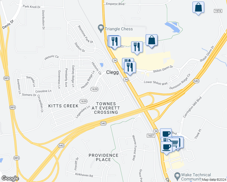 map of restaurants, bars, coffee shops, grocery stores, and more near 1056 Historic Circle in Morrisville