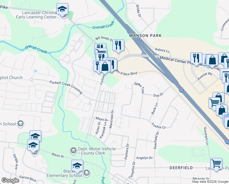 map of restaurants, bars, coffee shops, grocery stores, and more near 1035 Maricopa Drive in Murfreesboro