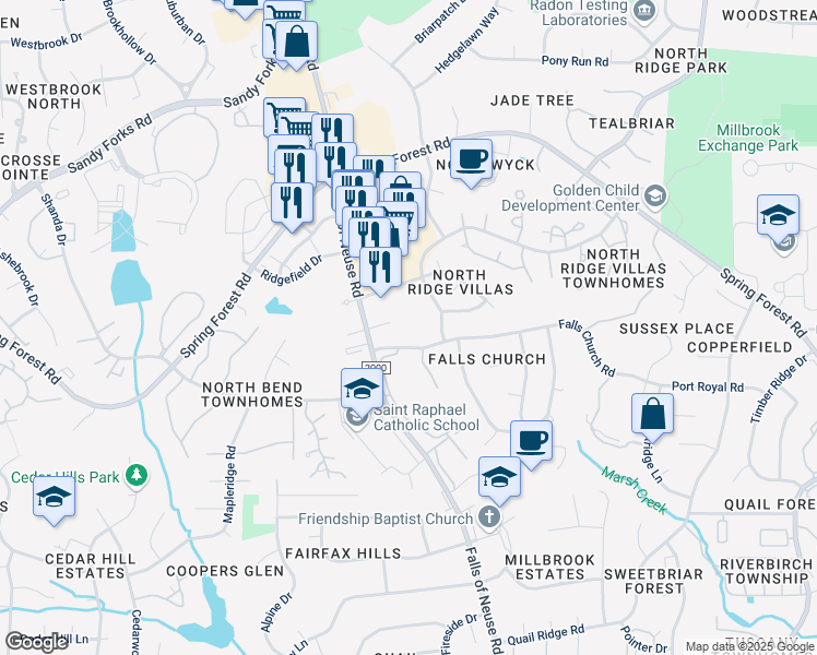 map of restaurants, bars, coffee shops, grocery stores, and more near 1223 Falls Church Road in Raleigh