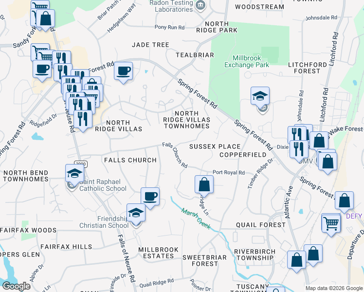 map of restaurants, bars, coffee shops, grocery stores, and more near 1707 Falls Church Road in Raleigh