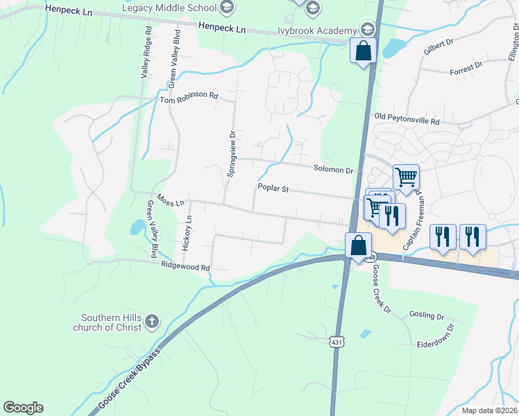 map of restaurants, bars, coffee shops, grocery stores, and more near 300 Moss Lane in Franklin