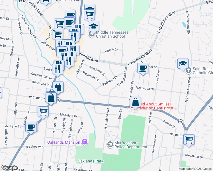 map of restaurants, bars, coffee shops, grocery stores, and more near 1418 Parklawn Drive in Murfreesboro