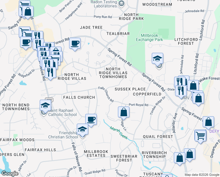 map of restaurants, bars, coffee shops, grocery stores, and more near 1707 Falls Church Road in Raleigh