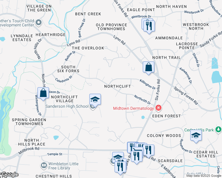 map of restaurants, bars, coffee shops, grocery stores, and more near 513 Northclift Drive in Raleigh