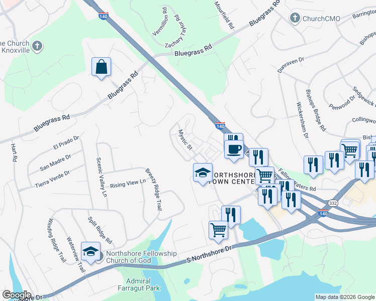 map of restaurants, bars, coffee shops, grocery stores, and more near 1637 Mystic Street in Knoxville
