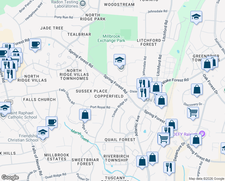 map of restaurants, bars, coffee shops, grocery stores, and more near 2212 Quail Ridge Road in Raleigh