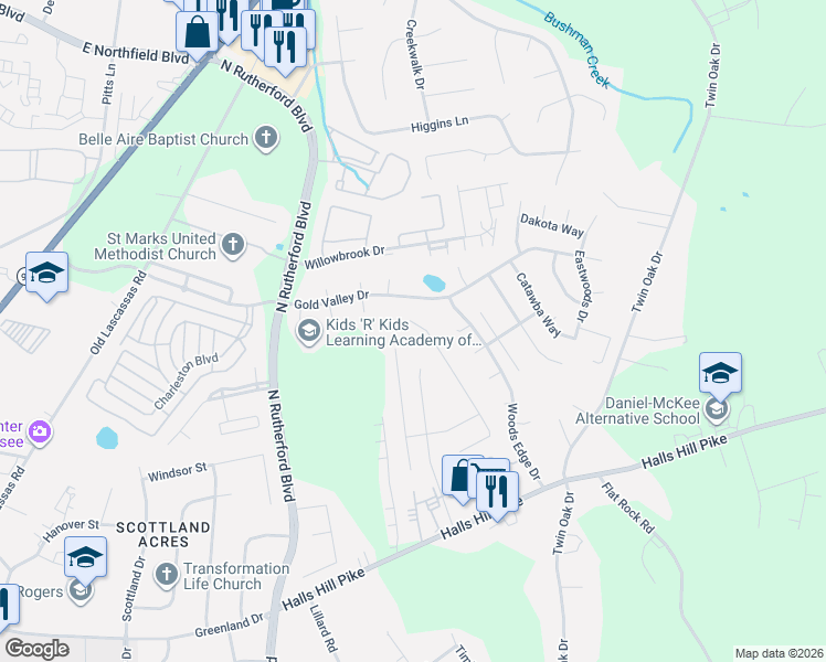 map of restaurants, bars, coffee shops, grocery stores, and more near 1561 Passage Drive in Murfreesboro