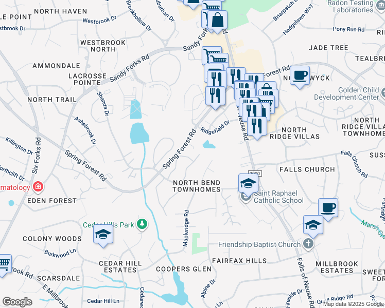 map of restaurants, bars, coffee shops, grocery stores, and more near 5947 Carmel Lane in Raleigh
