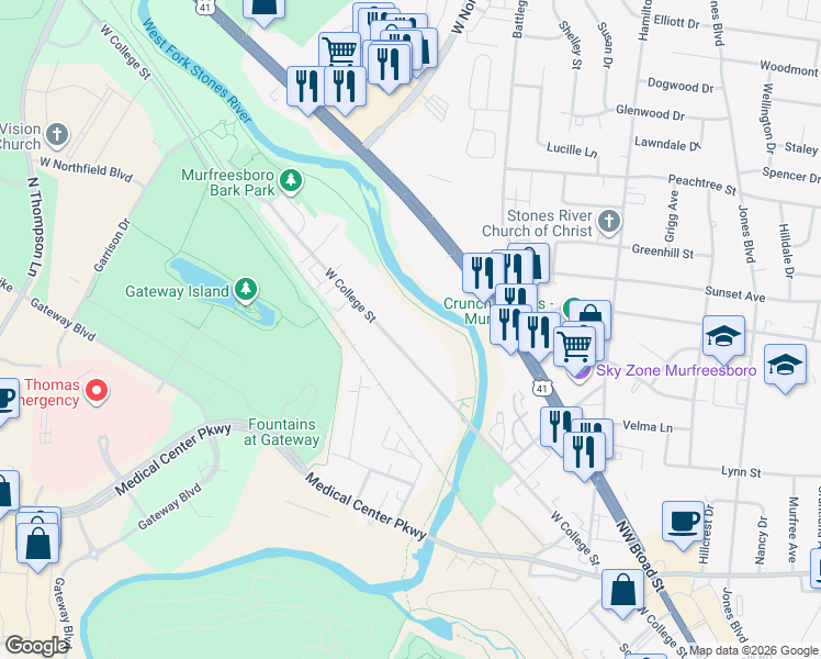 map of restaurants, bars, coffee shops, grocery stores, and more near 1360 West College Street in Murfreesboro