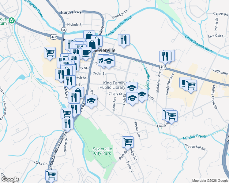 map of restaurants, bars, coffee shops, grocery stores, and more near 318 Cherry Street in Sevierville