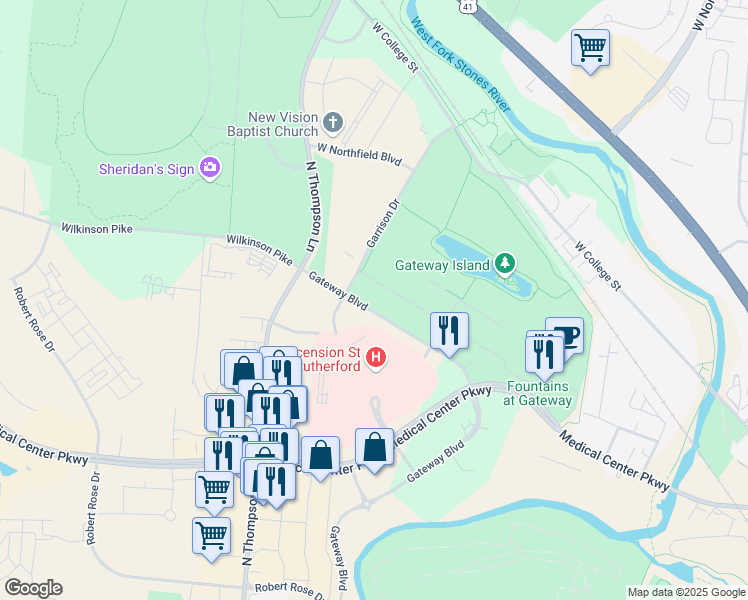 map of restaurants, bars, coffee shops, grocery stores, and more near 1708 Gateway Boulevard in Murfreesboro