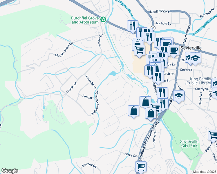 map of restaurants, bars, coffee shops, grocery stores, and more near 387 Paine Lake Dr in Sevierville