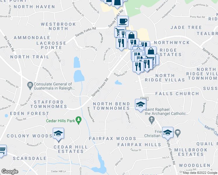 map of restaurants, bars, coffee shops, grocery stores, and more near 5947 Carmel Lane in Raleigh