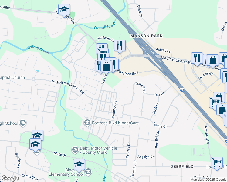 map of restaurants, bars, coffee shops, grocery stores, and more near 3846 Chippewa Place in Murfreesboro
