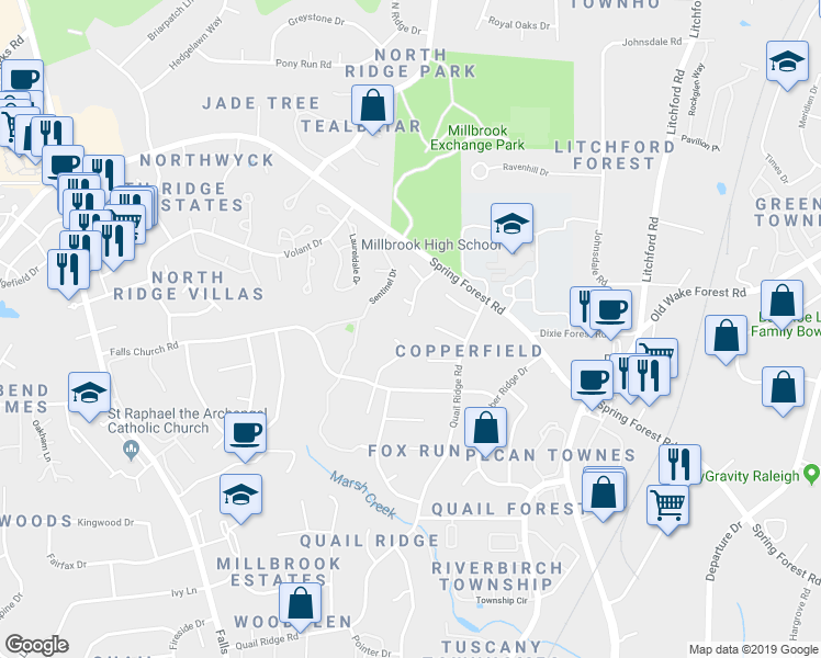 map of restaurants, bars, coffee shops, grocery stores, and more near 2204 Heathrowe Pl in Raleigh