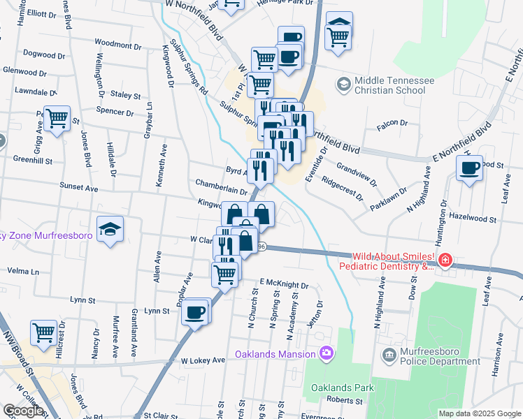 map of restaurants, bars, coffee shops, grocery stores, and more near 1510 Memorial Boulevard in Murfreesboro