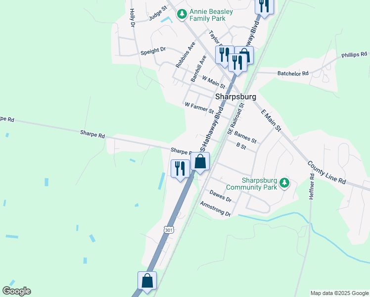 map of restaurants, bars, coffee shops, grocery stores, and more near 212 Sharpe Road in Rocky Mount