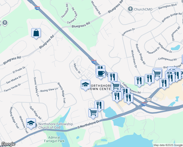 map of restaurants, bars, coffee shops, grocery stores, and more near 9835 Clingmans Dome Drive in Knoxville