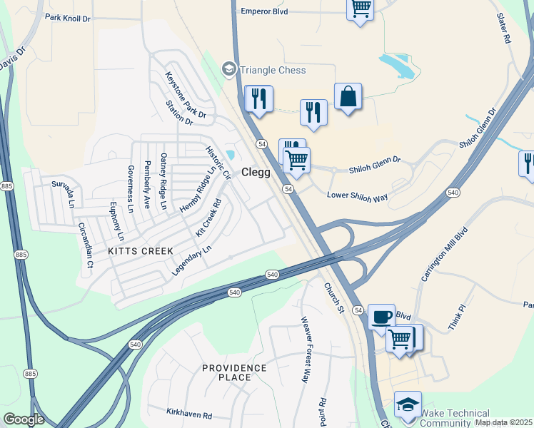 map of restaurants, bars, coffee shops, grocery stores, and more near 120 Durants Neck Lane in Morrisville