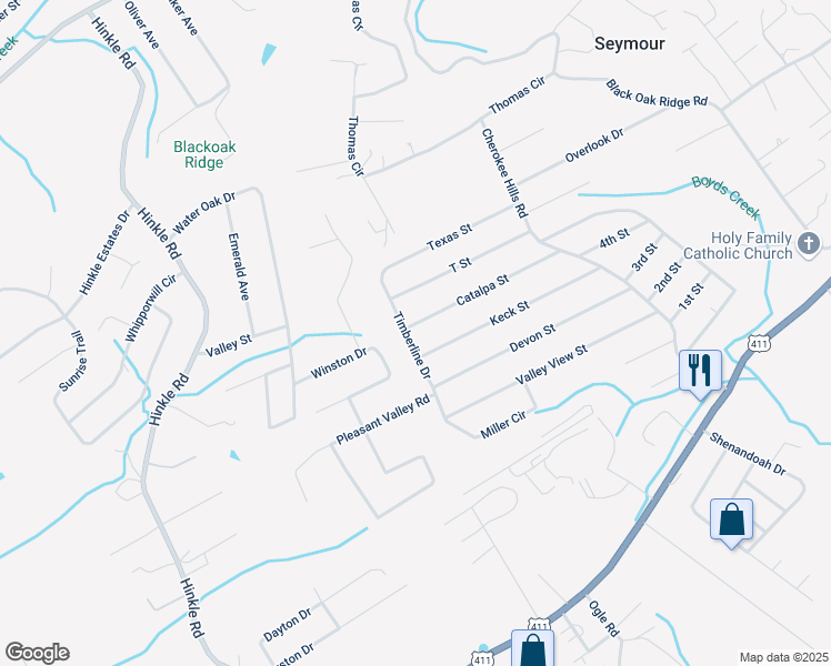 map of restaurants, bars, coffee shops, grocery stores, and more near 637 Catalpa Street in Seymour