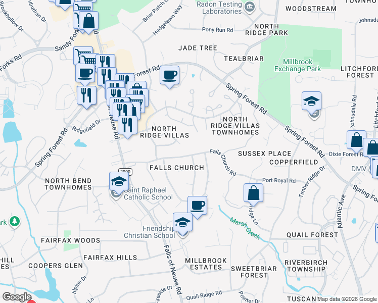 map of restaurants, bars, coffee shops, grocery stores, and more near 1505 Falls Church Road in Raleigh