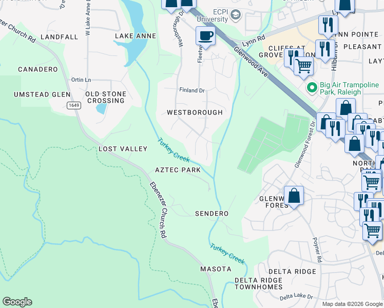 map of restaurants, bars, coffee shops, grocery stores, and more near 6009 Sweden Drive in Raleigh