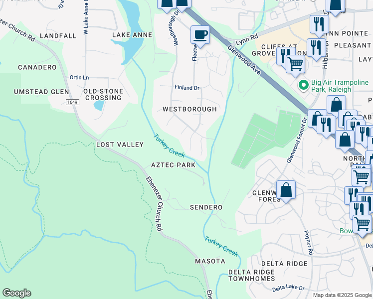 map of restaurants, bars, coffee shops, grocery stores, and more near 6009 Sweden Drive in Raleigh