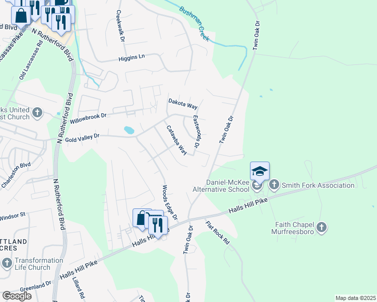 map of restaurants, bars, coffee shops, grocery stores, and more near 1168 Catawba Way in Murfreesboro
