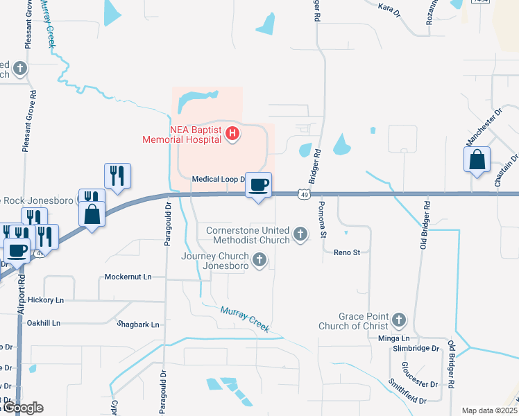 map of restaurants, bars, coffee shops, grocery stores, and more near 4827 East Johnson Avenue in Jonesboro