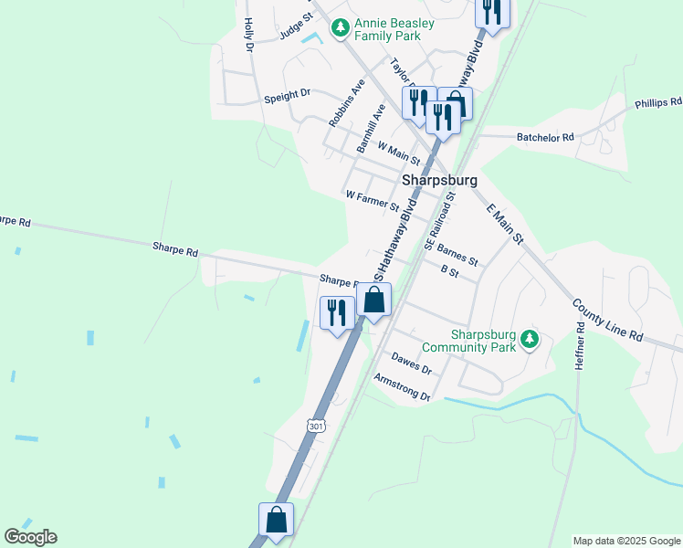 map of restaurants, bars, coffee shops, grocery stores, and more near 214 Sharpe Road in Rocky Mount