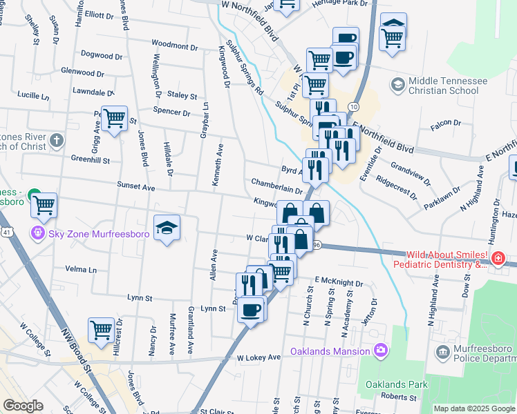 map of restaurants, bars, coffee shops, grocery stores, and more near 307 Kingwood Drive in Murfreesboro