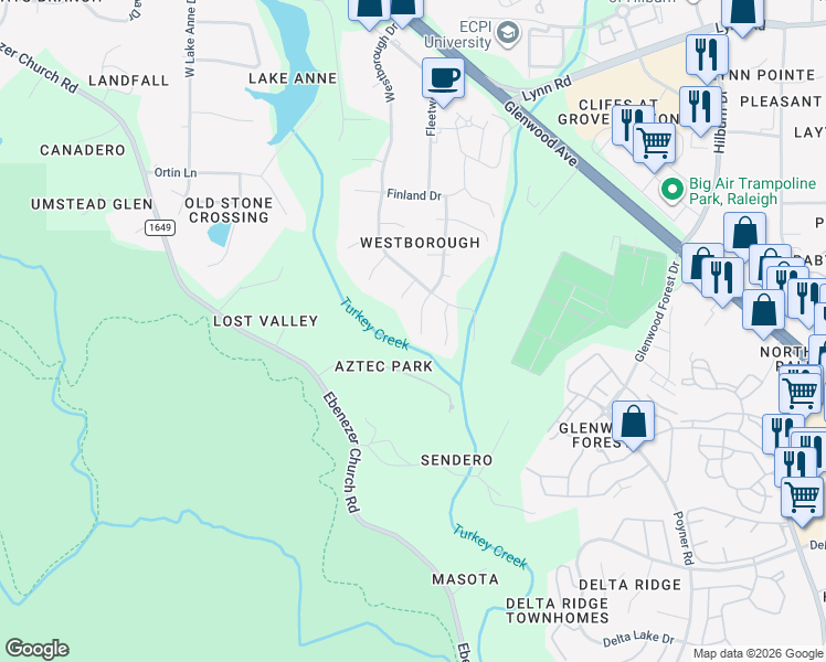 map of restaurants, bars, coffee shops, grocery stores, and more near 6009 Sweden Drive in Raleigh