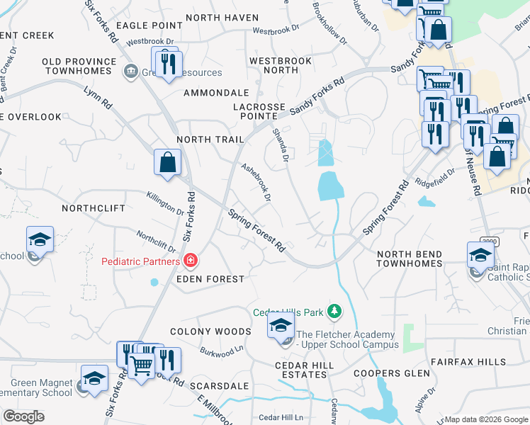 map of restaurants, bars, coffee shops, grocery stores, and more near 6316 Lynn Meadow Circle in Raleigh