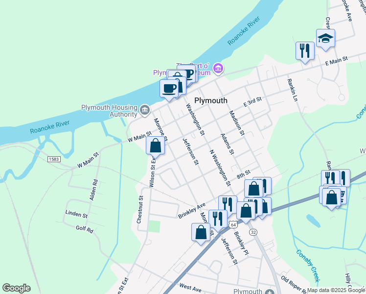 map of restaurants, bars, coffee shops, grocery stores, and more near 317 Jefferson Street in Plymouth