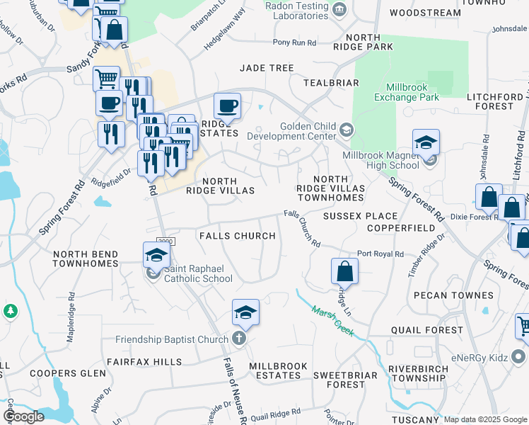 map of restaurants, bars, coffee shops, grocery stores, and more near 1505 Falls Church Road in Raleigh