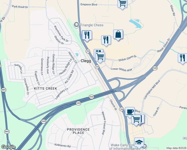 map of restaurants, bars, coffee shops, grocery stores, and more near 120 Durants Neck Lane in Morrisville