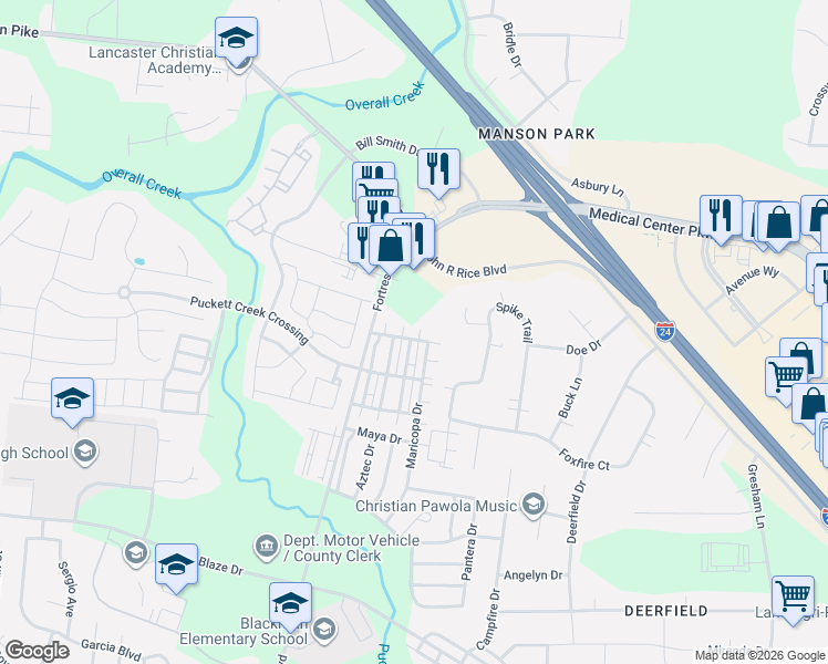 map of restaurants, bars, coffee shops, grocery stores, and more near 1035 Maricopa Drive in Murfreesboro