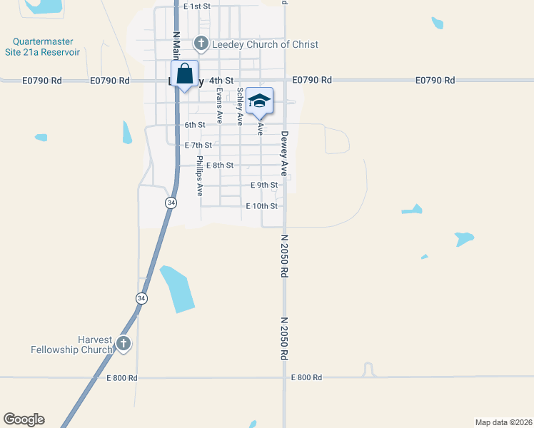 map of restaurants, bars, coffee shops, grocery stores, and more near 1001 Sampson Avenue in Leedey